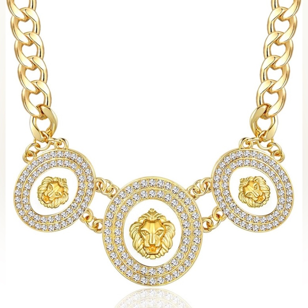 Gold Lion Crystal Rhinestone Pendant Necklace